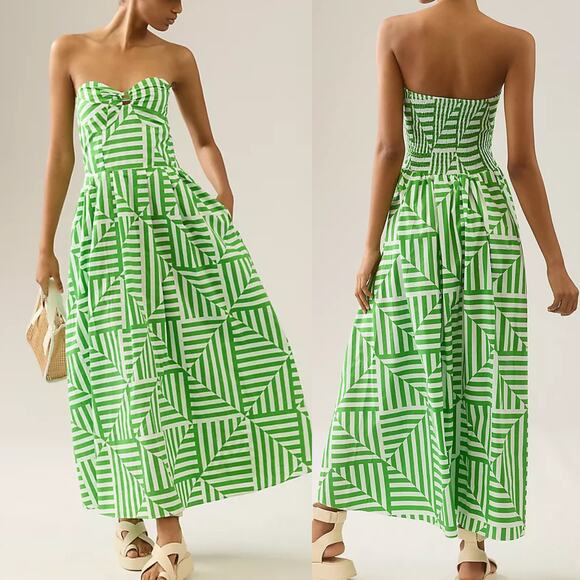 S/W/F Dresses & Skirts - S/W/F Strapless Sweetheart Geometric Printed Cotton Maxi Dress Green L